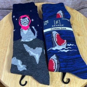 Two pair George Fashion Crew size 6-12 Socks Cat Astronaut & Shark 🦈